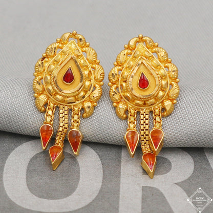 22k Gold Earrings Dangle Chain Party Wear Handmade Indian 22kt Gold Dangle screw back Earrings Jewelry for Gift, K5164