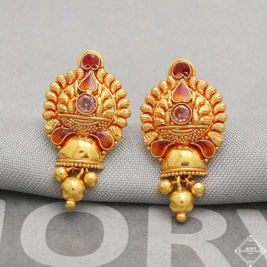 22k Yellow Gold Earrings Stud Dangle Style, Indian Handmade gold earrings for women, Party Wear Ethnic Earrings for Gift, K5197