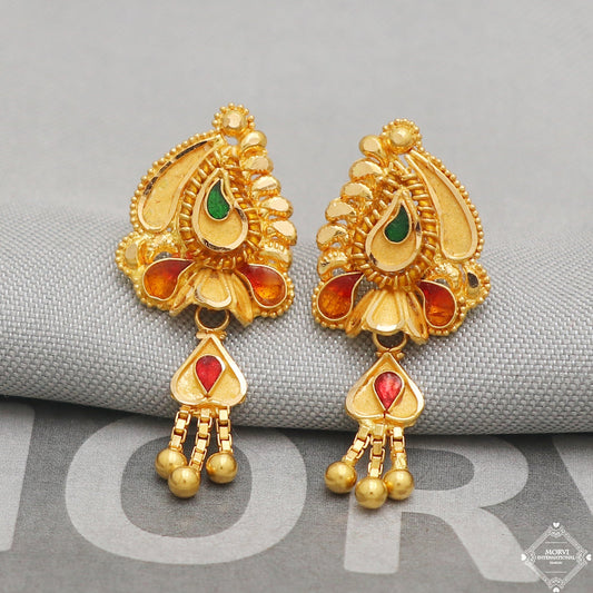 22k Yellow Gold Earrings Dangle Stud Style, Indian Handmade gold earrings for women, Wedding Party Wear Ethnic Earrings for Gift, K5212