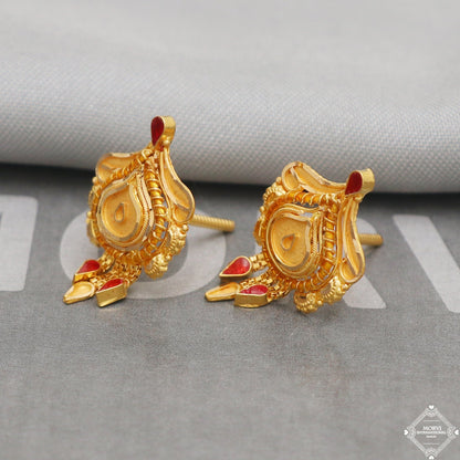22k Yellow Gold Earrings Dangle Stud Style, Indian Handmade gold earrings for women, Wedding Party Wear Ethnic Earrings for Gift, K5215