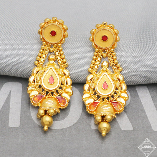 22k Yellow Gold Earrings Dangle Style, Indian Handmade gold earrings for women, Wedding Party Wear Ethnic Earrings for Gift, K5219