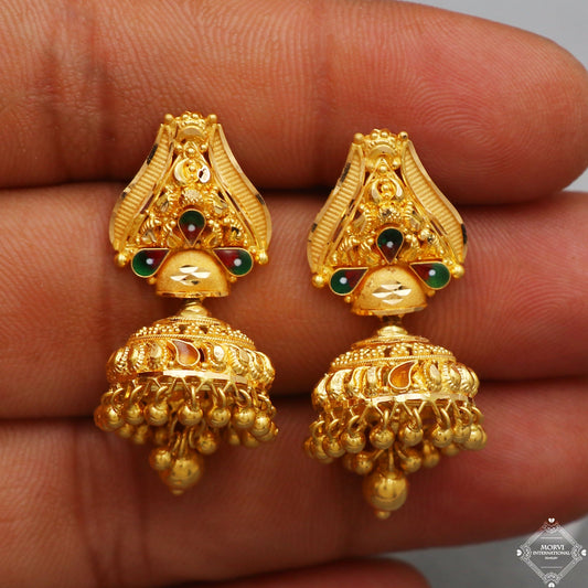 22k Yellow Gold Earrings Jhumka jewelry , handmade vintage Pure Traditional wedding indian style Dangle Jhumki Earrings Chandelier, K5238