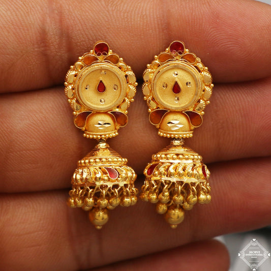 22k Yellow Gold Earrings Jhumka jewelry , handmade vintage Pure Traditional wedding indian style Dangle Jhumki Earrings Chandelier, K5241