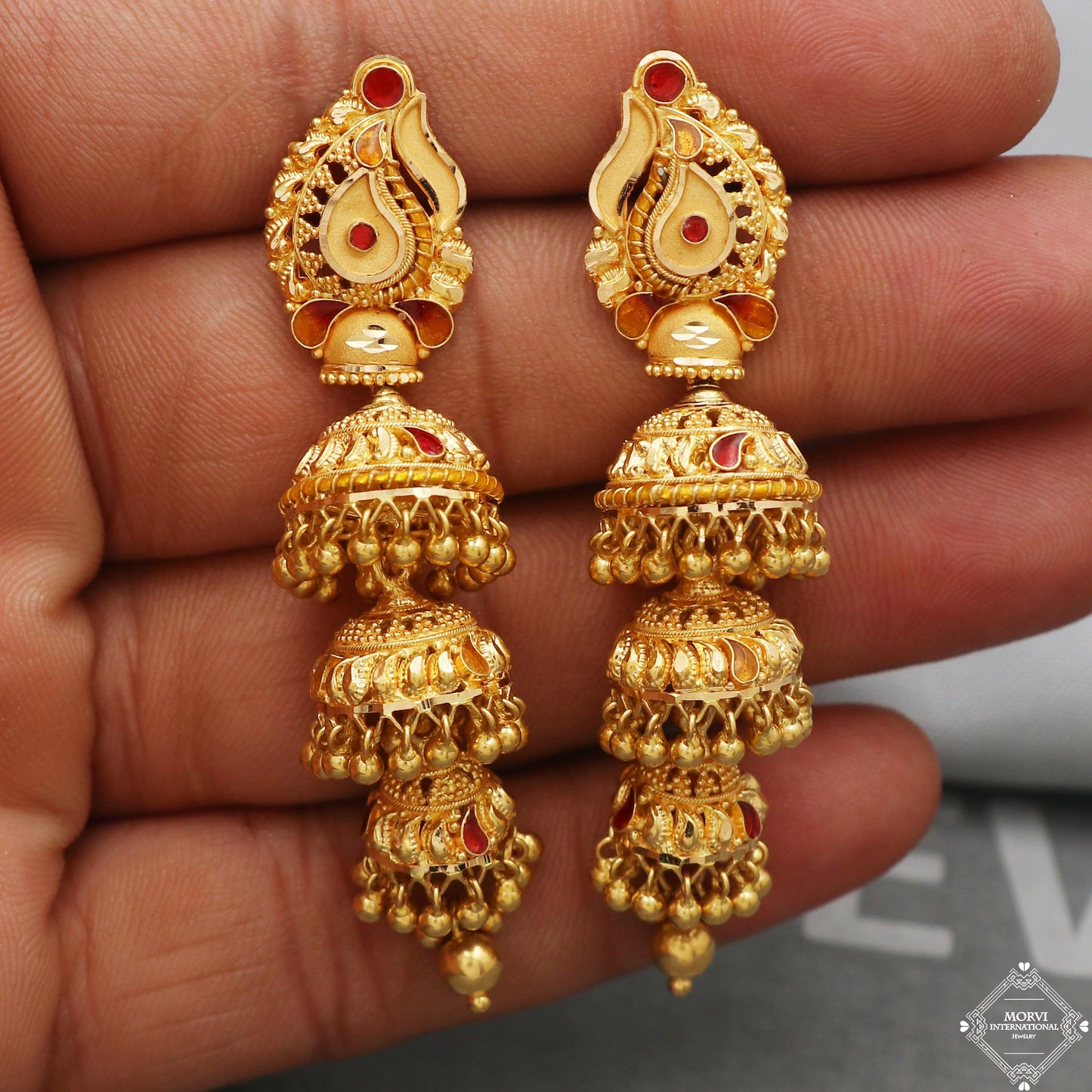 22k Yellow Gold Earrings Jhumka jewelry , handmade vintage Pure Traditional wedding indian style Dangle Jhumki Earrings Chandelier, K5242