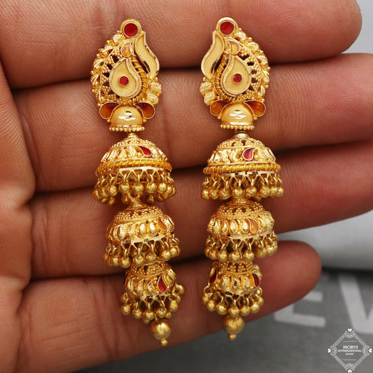 22k Yellow Gold Earrings Jhumka jewelry , handmade vintage Pure Traditional wedding indian style Dangle Jhumki Earrings Chandelier, K5242