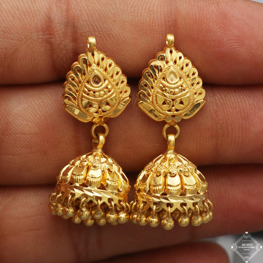 22k Yellow Gold Earrings Jhumka jewelry , handmade vintage Pure Traditional wedding indian style Dangle Jhumki Earrings Chandelier, K5245