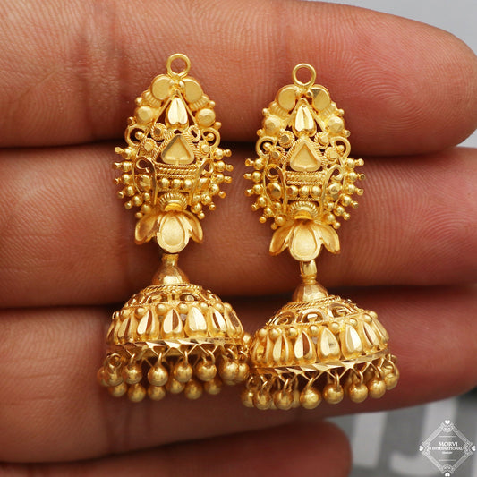 22k Yellow Gold Earrings Jhumka jewelry , handmade vintage Pure Traditional wedding indian style Dangle Jhumki Earrings Chandelier, K5246