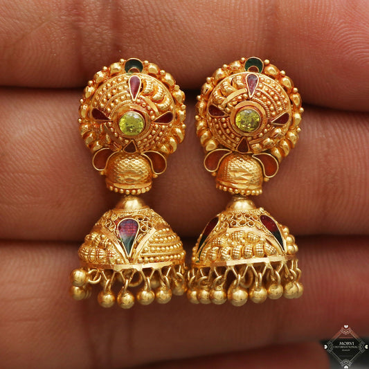 22k Yellow Gold Earrings Jhumka jewelry , handmade vintage Pure Traditional wedding indian style Dangle Jhumki Earrings Chandelier, K5247