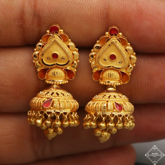 22k Yellow Gold Earrings Jhumka jewelry , handmade vintage Pure Traditional wedding indian style Dangle Jhumki Earrings Chandelier, K5249