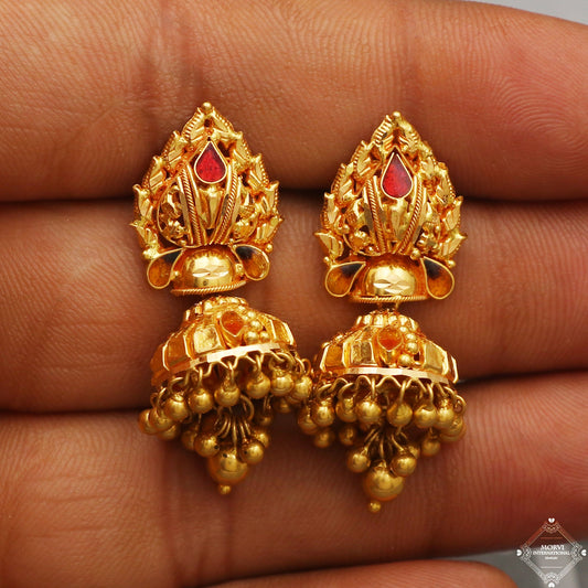 22k Yellow Gold Earrings Jhumka jewelry , handmade vintage Pure Traditional wedding indian style Dangle Jhumki Earrings Chandelier, K5252