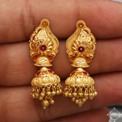 22k Yellow Gold Earrings Jhumka jewelry , handmade vintage Pure Traditional wedding indian style Dangle Jhumki Earrings Chandelier, K5253