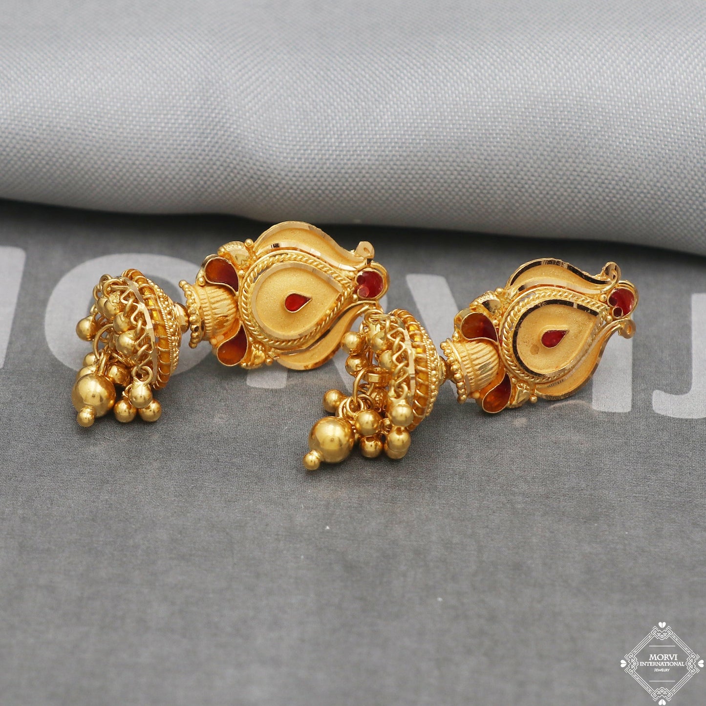 22k Yellow Gold Earrings Jhumka jewelry , handmade vintage Pure Traditional wedding indian style Dangle Jhumki Earrings Chandelier, K5254