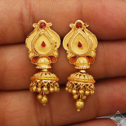 22k Yellow Gold Earrings Jhumka jewelry , handmade vintage Pure Traditional wedding indian style Dangle Jhumki Earrings Chandelier, K5254