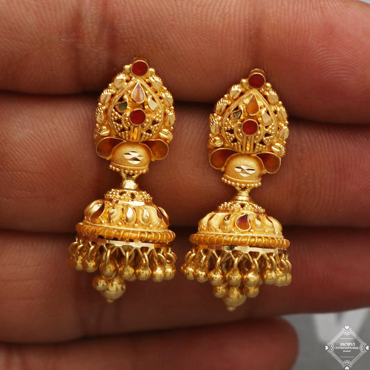 22k Yellow Gold Earrings Jhumka jewelry , handmade vintage Pure Traditional wedding indian style Dangle Jhumki Earrings Chandelier, K5255