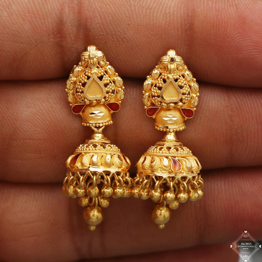 22k Yellow Gold Earrings Jhumka jewelry , handmade vintage Pure Traditional wedding indian style Dangle Jhumki Earrings Chandelier, K5256