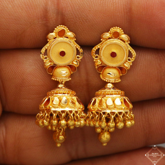 22k Yellow Gold Earrings Jhumka jewelry , handmade vintage Pure Traditional wedding indian style Dangle Jhumki Earrings Chandelier, K5257