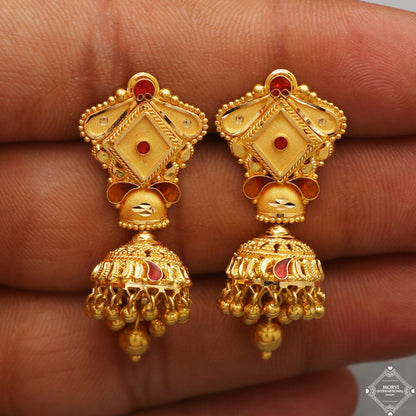 22k Yellow Gold Earrings Jhumki jewelry , handmade vintage Pure Traditional wedding indian style Dangle Jhumki Earrings Chandelier, K5258