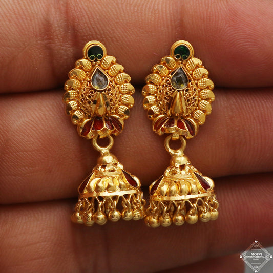 22k Yellow Gold Earrings Jhumki jewelry , handmade vintage Pure Traditional wedding indian style Dangle Jhumki Earrings Chandelier, K5259