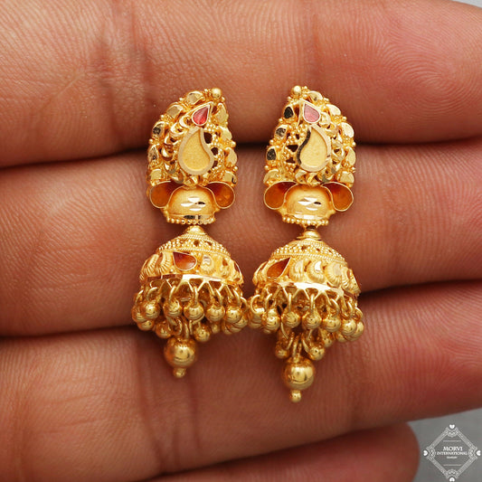 22k Yellow Gold Earrings Jhumki jewelry , handmade vintage Pure Traditional wedding indian style Dangle Jhumki Earrings Chandelier, K5263