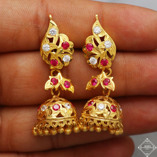22k Yellow Gold Earrings Jhumka jewelry, handmade vintage Pure Traditional wedding indian style WEDDING Dangle Jhumki Earrings , K5291