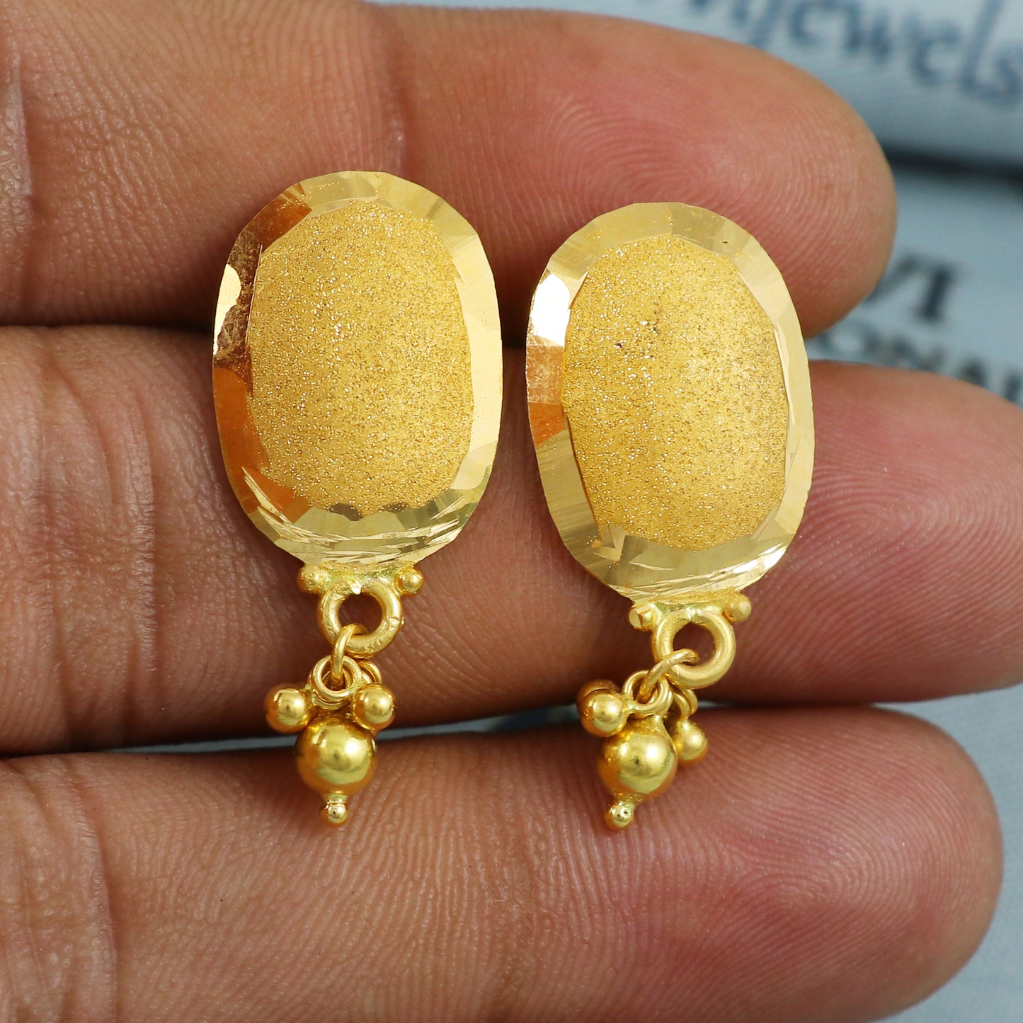 22k Gold Stud Earrings with Small Beads – Handcrafted Indian Screw Back Earrings, 4.14g, Elegant 3.1x1.3cm Oval Dangle Design, K5387