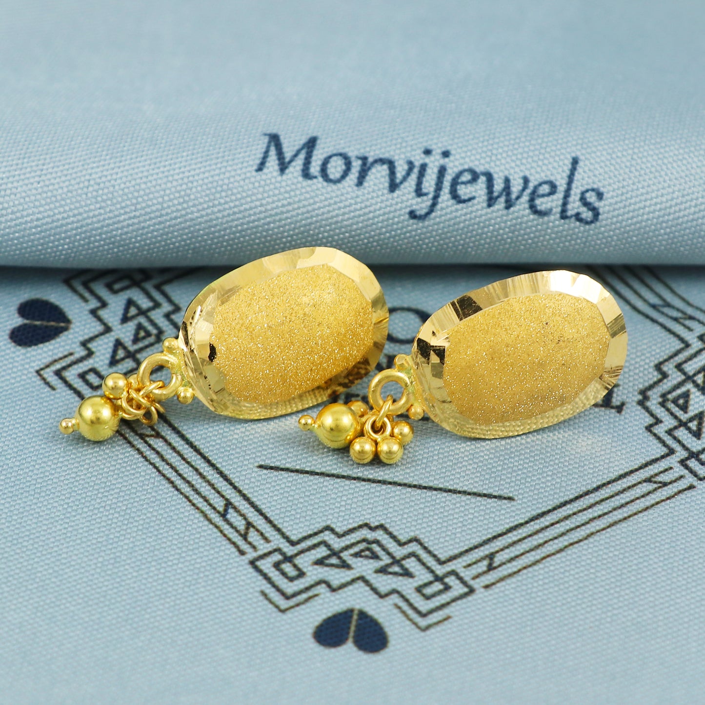 22k Gold Stud Earrings with Small Beads – Handcrafted Indian Screw Back Earrings, 4.14g, Elegant 3.1x1.3cm Oval Dangle Design, K5387
