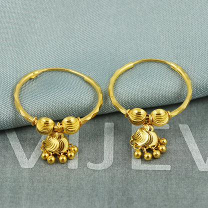 22k Yellow Gold Jhumka, Handmade Indian Gold Jewelry for Women, Hoop Earrings with Dangle Bells, Indian Ethnic Earrings for Women, K5398