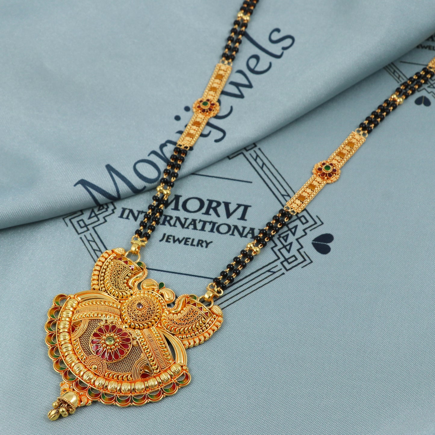 22K Gold Traditional Indian Mangalsutra Necklace with Dual Chain and Intricate Pendant Design, K5409