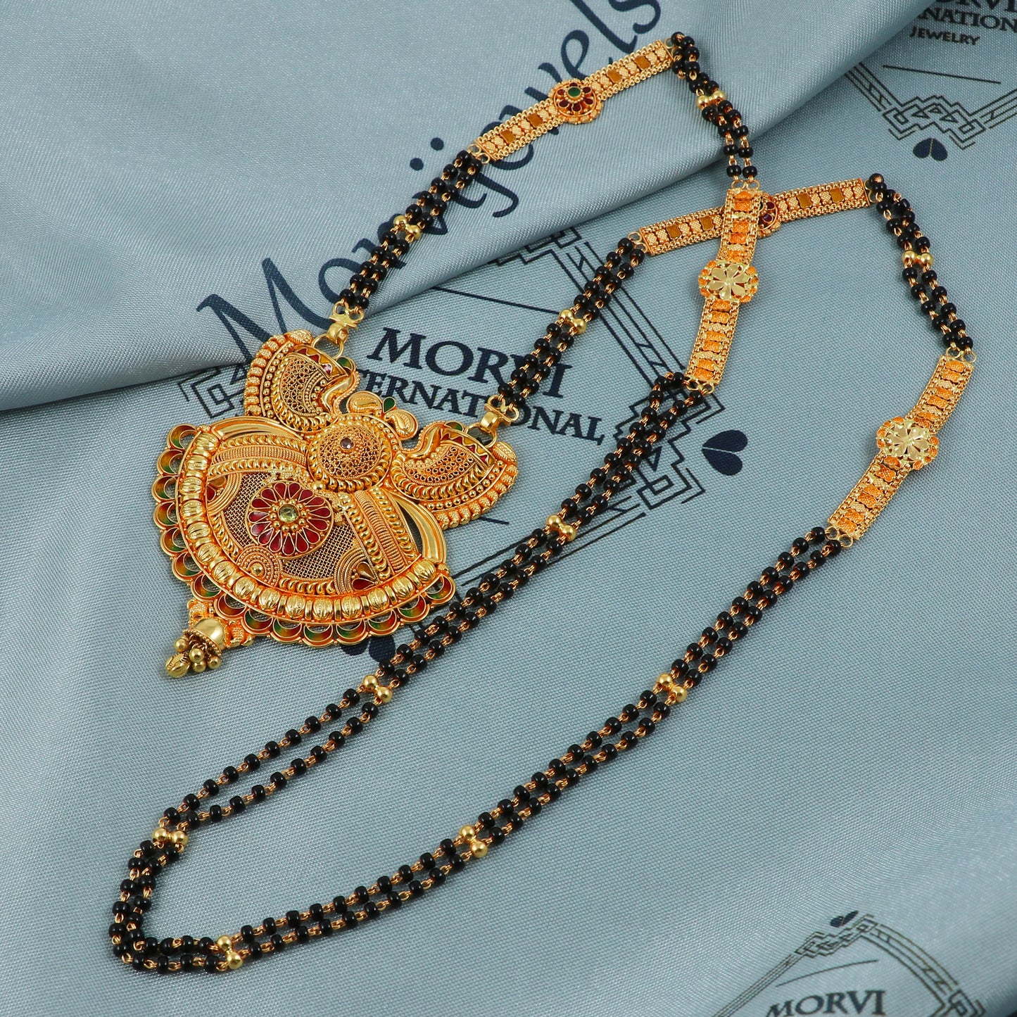 22K Gold Traditional Indian Mangalsutra Necklace with Dual Chain and Intricate Pendant Design, K5409
