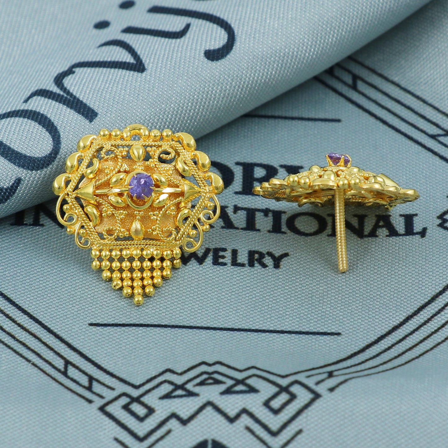 18k Gold Stud Earrings with Small Beads – Handcrafted Indian Screw Back Earrings, Tops in 18k gold , K5411