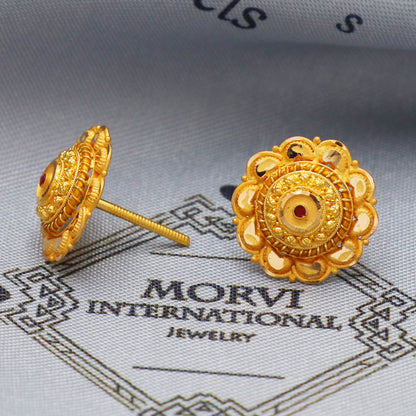 22k 22kt Yellow Gold Studs Earrings Jewelry for gift, Gold Round Screw Back Minimalist Indian Antique Vintage Earrings for Wedding, K5437