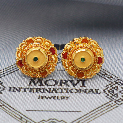 22k 22kt Yellow Gold Studs Earrings Jewelry for gift, Gold Round Screw Back Minimalist Indian Antique Vintage Earrings for Wedding, K5439