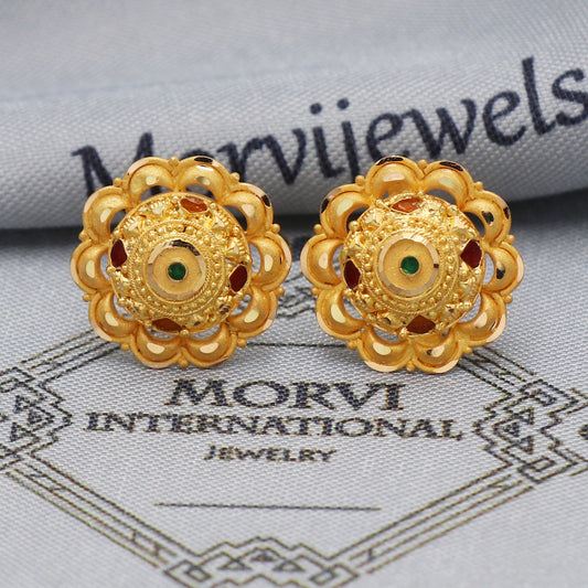22k 22kt Yellow Gold Studs Earrings Jewelry for gift, Gold Round Screw Back Minimalist Indian Antique Vintage Earrings for Wedding, K5445