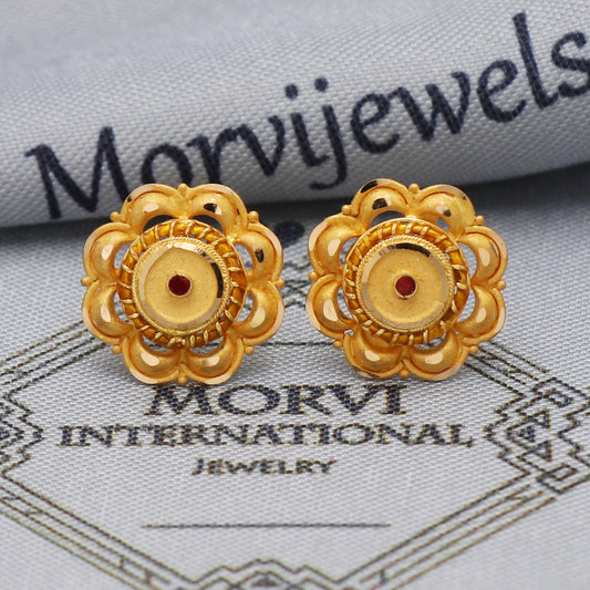 22k 22kt Yellow Gold Studs Earrings Jewelry for gift, Gold Round Screw Back Minimalist Indian Antique Vintage Earrings for Wedding, K5446