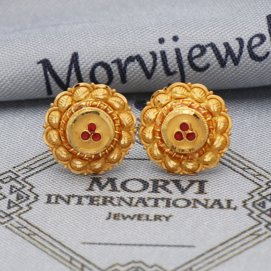 22k 22kt Yellow Gold Studs Earrings Jewelry for gift, Gold Round Screw Back Minimalist Indian Antique Vintage Earrings for Wedding, K5448