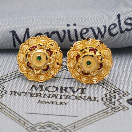 22k 22kt Yellow Gold Studs Earrings Jewelry for gift, Gold Round Screw Back Minimalist Indian Antique Vintage Earrings for Wedding, K5450