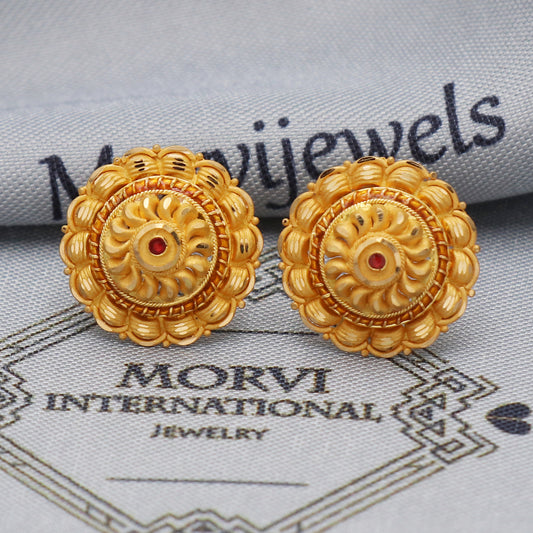 22k 22kt Yellow Gold Studs Earrings Jewelry for gift, Gold Round Screw Back Minimalist Indian Antique Vintage Earrings for Wedding, K5451