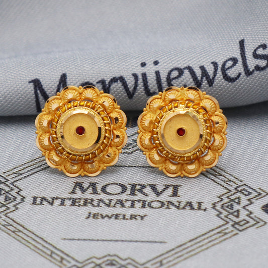 22k 22kt Yellow Gold Studs Earrings Jewelry for gift, Gold Round Screw Back Minimalist Indian Antique Vintage Earrings for Wedding, K5453