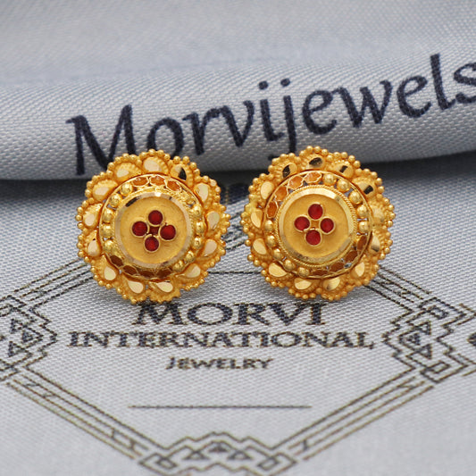 22k 22kt Yellow Gold Studs Earrings Jewelry for gift, Gold Round Screw Back Minimalist Indian Antique Vintage Earrings for Wedding, K5454