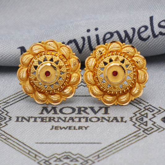 22k 22kt Yellow Gold Studs Earrings Paisley Flower, Gold Round Screw Back Minimalist Indian Antique Vintage Earrings for Wedding, K5455