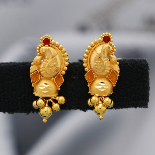 Solid 22k Gold Earrings Dangle Stud Handmade Indian Jewelry for Gift, K5459