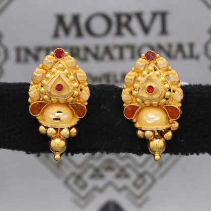 Solid 22k Gold Earrings Dangle Stud Handmade Indian Jewelry for Gift, K5466