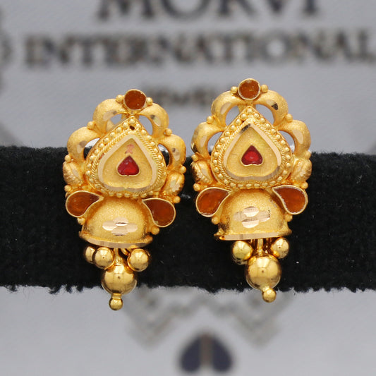 Solid 22k Gold Earrings with Ghungroo Dangle Stud Handmade Indian Jewelry for Gift, K5468