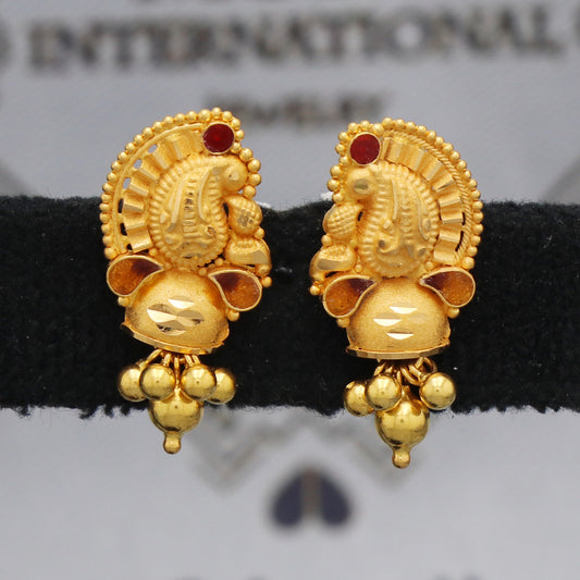 22k 22kt 22 karat Yellow Gold Earrings with Ghungroo Dangle Stud Handmade Indian Jewelry for Gift, K5469
