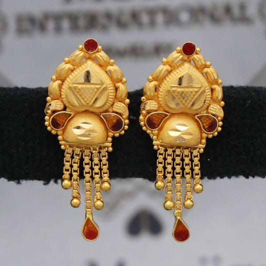 Indian Gold Earrings for women made in 22k gold with little danlging chains, hand carved design little red enamel, gold tops stud, K5470