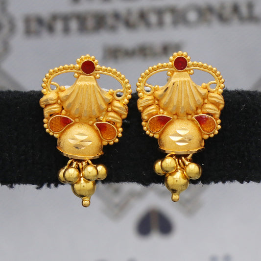 22k 22kt 22 karat Yellow Gold Earrings dangling bell beads Dangle Stud Handmade Indian Jewelry for Gift, K5471