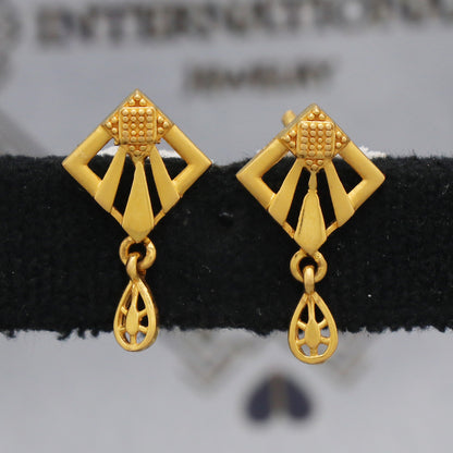 22k Yellow Gold Stud Dangle Earrings , Handmade Yellow gold earrings for women, vintage antique design indian gold earrings jewelry, K5472