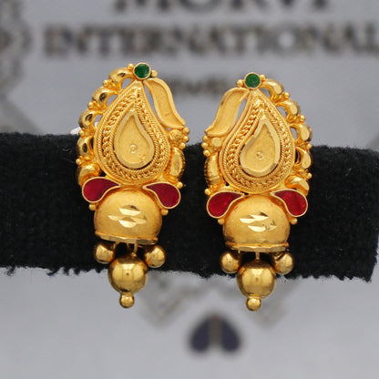 22k Yellow Gold Stud Dangle Earrings , Handmade Yellow gold earrings for women, vintage antique design indian gold earrings jewelry, K5476