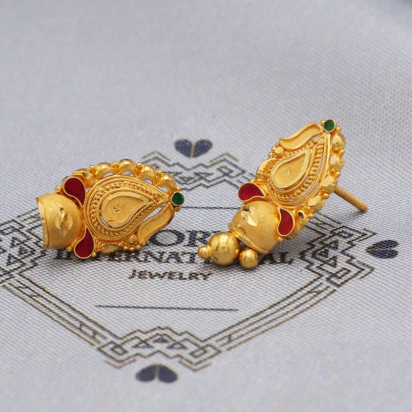 22k Yellow Gold Stud Dangle Earrings , Handmade Yellow gold earrings for women, vintage antique design indian gold earrings jewelry, K5476