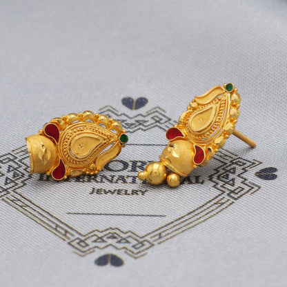 22k Yellow Gold Stud Dangle Earrings , Handmade Yellow gold earrings for women, vintage antique design indian gold earrings jewelry, K5476